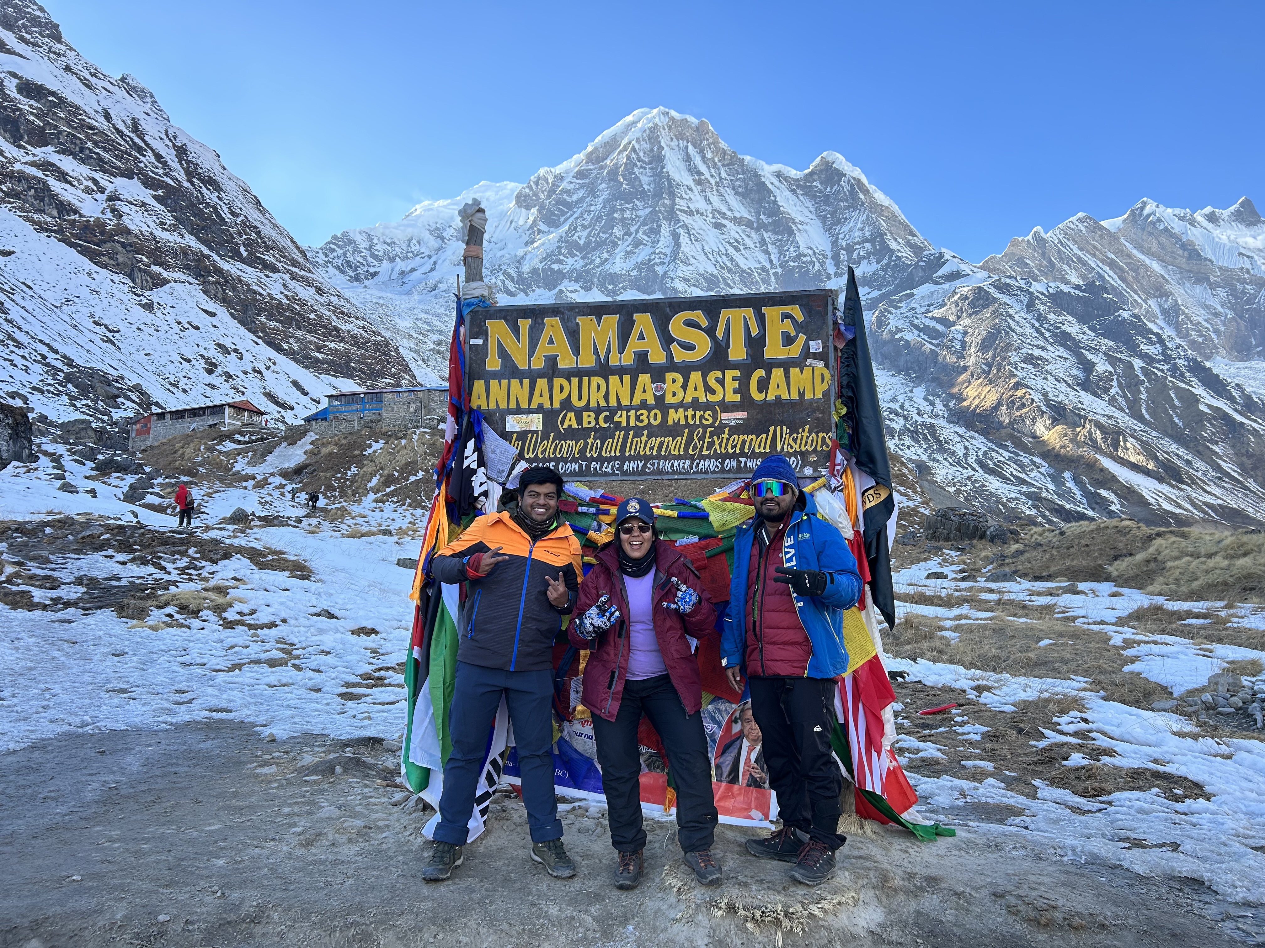 Garvika at the Annapurna Base Camp signboard, 4,130 m